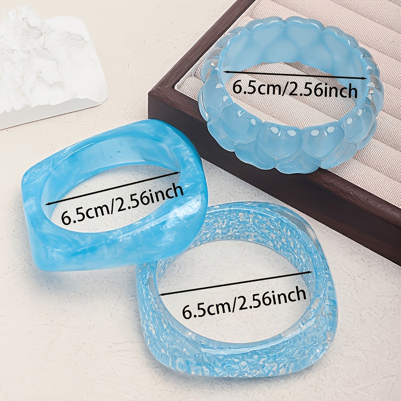 3pcs Blue Ocean Series Stackable Resin Bracelets, Beach Style